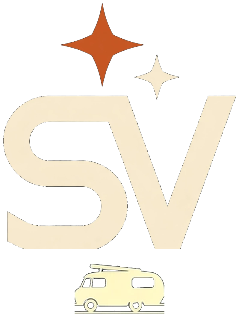 Starry Van logo: the SV monogram with two stars and a camper van